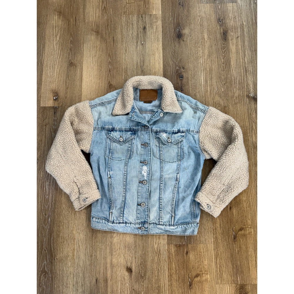 American Eagle Y2K Boho Sherpa Sleeve Denim Jacket Small Light Wash Distressed